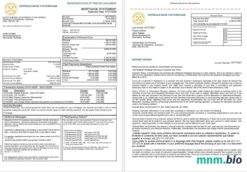 Surinam Centrale Bank Van Suriname wyciąg z kredytu hipotecznego w formatach Word i PDF, 3 strony 1-2